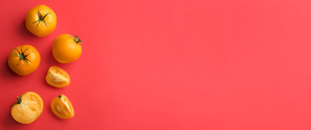 Yellow tomatoes on red background, flat lay. Space for textの写真素材