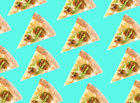 Cheese pizza slices on light blue background. pattern design