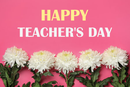 Text Happy Teacher's Day and beautiful flowers on pink background, top viewの写真素材