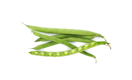 Fresh green beans on white background, top view