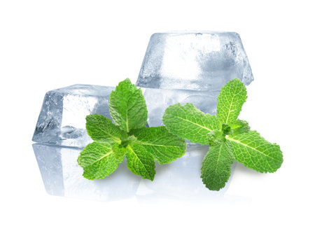 Ice cubes and green mint leaves on white background