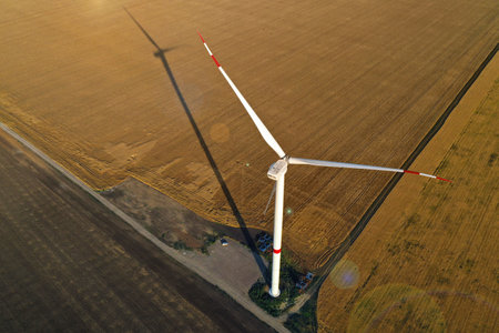 Aerial view on modern wind turbine. alternative energy sources