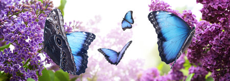 Amazing common morpho butterflies in lilac garden, banner designの写真素材