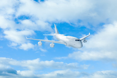 Airplane flying in blue sky with clouds. Air transport