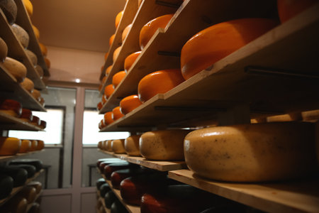 Fresh cheese heads on rack in factory warehouseの写真素材