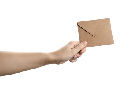 Woman holding kraft paper envelope on white background, closeupの写真素材