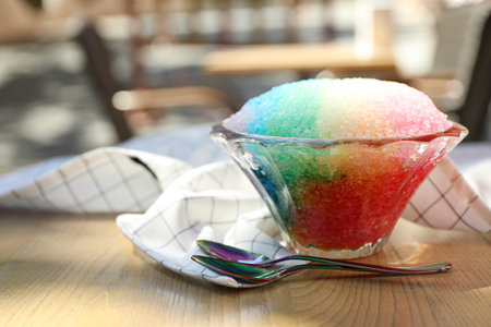 Rainbow shaving ice in glass dessert bowl and spoons on wooden table outdoors, closeupの写真素材