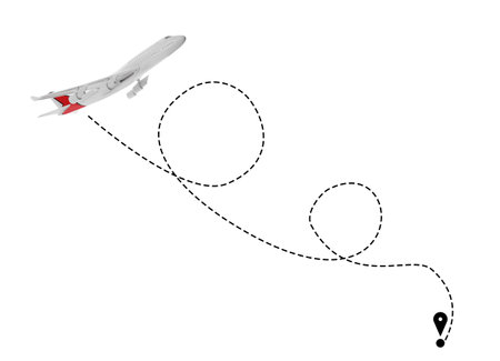 flight direction illustration. Plane and pin connected by dashed line on white background