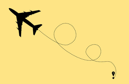flight direction illustration. Plane silhouette and pin connected by dashed line on yellow backgroundの写真素材