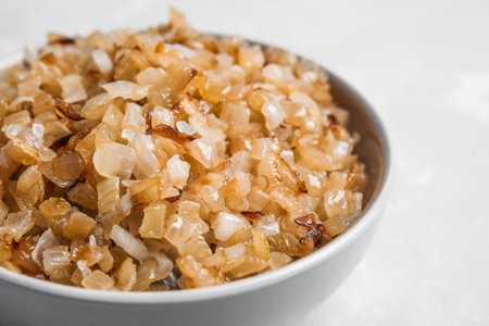 Tasty fried onion on light background, closeupの写真素材