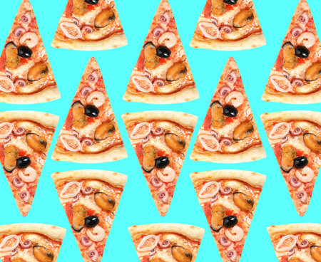 Seafood pizza slices on light blue background. pattern designの写真素材
