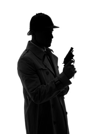 Old fashioned detective with revolver on white background
