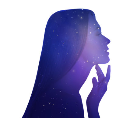 Universe hidden in human, mindfulness, imagination, art, creativity, inner power concepts. Silhouette of woman and starry sky or galaxy on white background, double exposureの写真素材