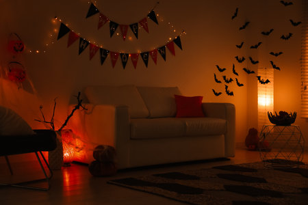 Modern room decorated for Halloween. Festive interiorの写真素材
