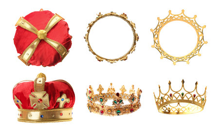Set of crowns with gemstones on white background, side and top viewsの写真素材