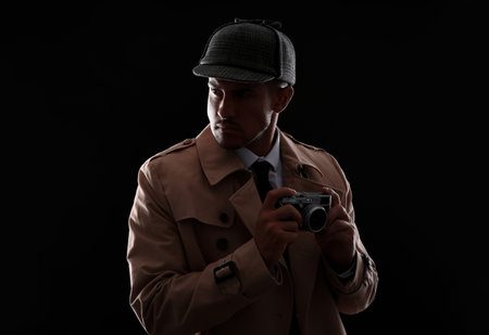 Old fashioned detective with camera on dark backgroundの写真素材