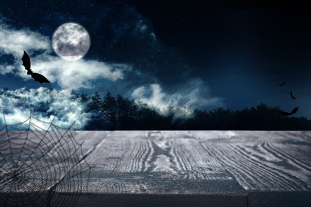Wooden surface and bats flying in night sky with full moon. halloween illustrationの写真素材