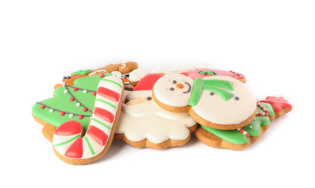 Pile of Christmas cookies on white backgroundの写真素材