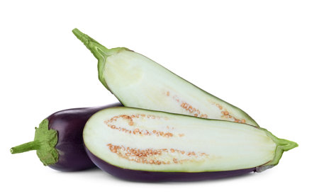 Cut and whole fresh ripe eggplants isolated on whiteの写真素材