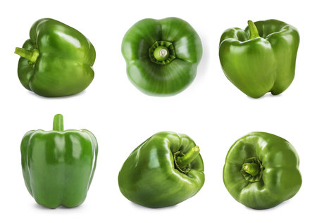Set of fresh green bell peppers isolated on whiteの写真素材