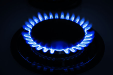 Gas burner of modern stove with burning blue flame at night, closeup