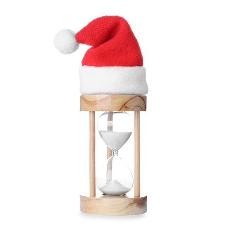 Hourglass with Santa hat on white background. christmas count down