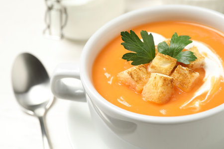 Delicious pumpkin soup served on white table, closeupの写真素材