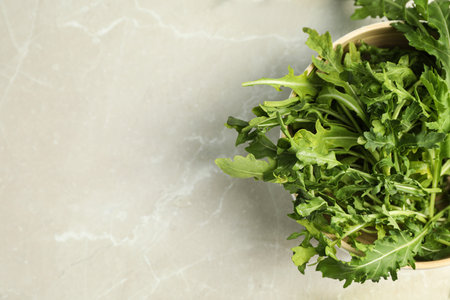Fresh arugula in bowl on light gray marble table, top view. Space for text