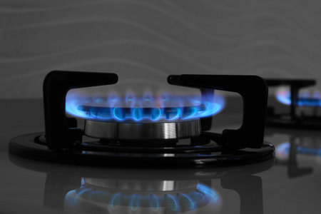 Gas burner of modern stove with burning blue flame