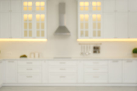 Blurred view of modern kitchen interior with stylish furnitureの写真素材