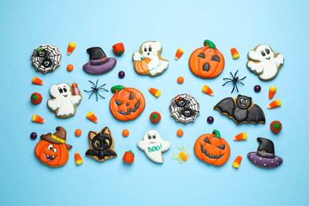 Tasty cookies and sweets for Halloween party on light blue background, flat layの写真素材