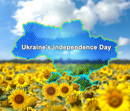 Country outline with text Ukraine's Independence Day and sunflower field under blue sky on backgroundの写真素材