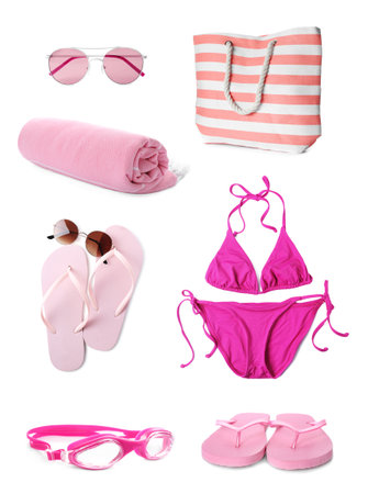 Set with beach accessories on white backgroundの写真素材