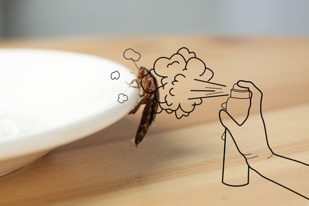 pest control. Using household insecticide to kill cockroach at home, closeup. Illustrationの写真素材