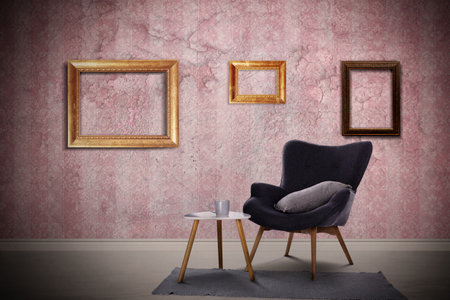 Furnished room with patterned wallpaper. Stylish room interior