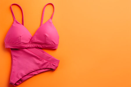 Beautiful pink bikini on orange background, top view. Space for textの写真素材
