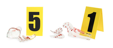 crime scene investigation. Evidence identification markers and bloody shatters of glass bottle on...