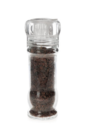 Black salt in grinder isolated on whiteの写真素材