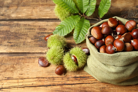 Fresh sweet edible chestnuts on wooden table, above view. Space for textの写真素材