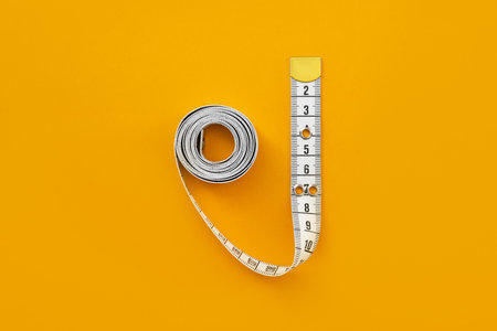 White measuring tape on orange background, top view