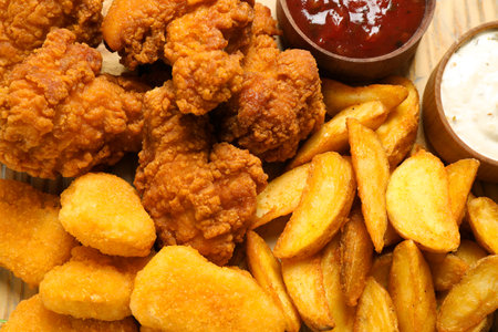 Tasty deep fried chicken pieces and nuggets with garnish as background, top viewの写真素材