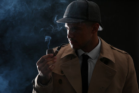 Old fashioned detective smoking pipe on dark background