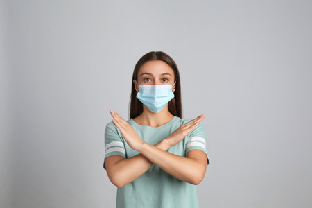 Woman in protective mask showing stop gesture on grey background. Prevent spreading of COVID?19の写真素材