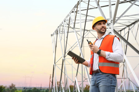 Professional engineer with tablet and walkie talkie near high voltage tower construction outdoors....