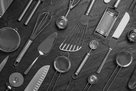 Cooking utensils on black table, flat layの写真素材