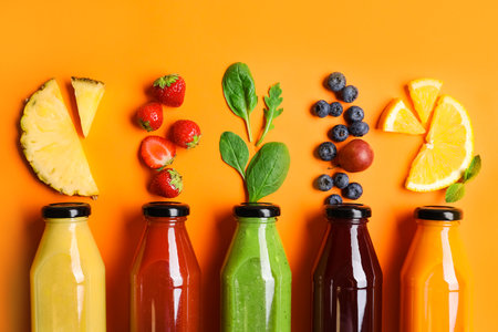 Flat lay composition with bottles of delicious juices and fresh ingredients on orange backgroundの写真素材