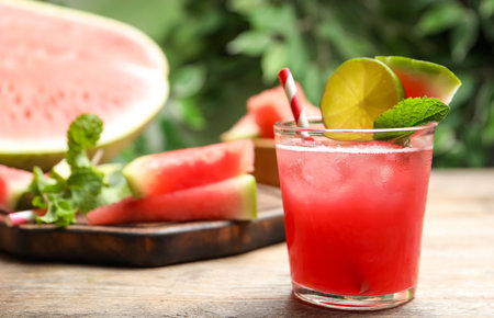 Delicious fresh watermelon drink on wooden tableの写真素材