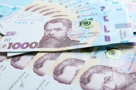 Close up view of Ukrainian money as background. national currency