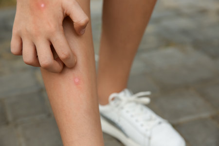 Girl scratching leg with insect bite outdoors, closeupの写真素材