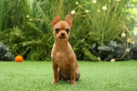 Cute Chihuahua puppy sitting on green grass outdoors. Baby animalの写真素材